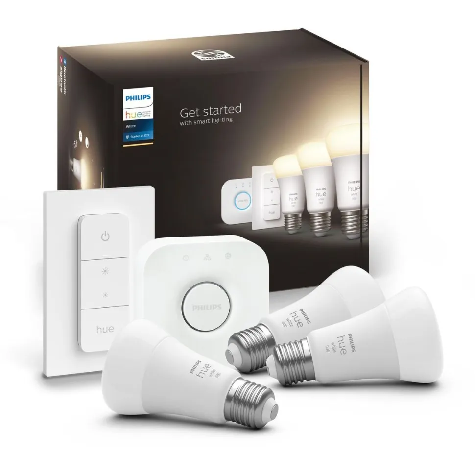 Aloituspakkaus Philips Hue White 3 x älylamppu (9,5W A60 E27) kytkin ja Hue-silta