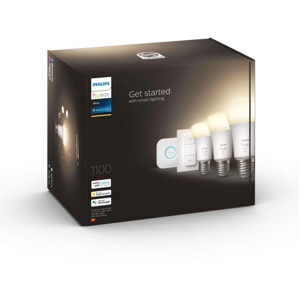 Aloituspakkaus Philips Hue White 3 x älylamppu (9,5W A60 E27) kytkin ja Hue-silta