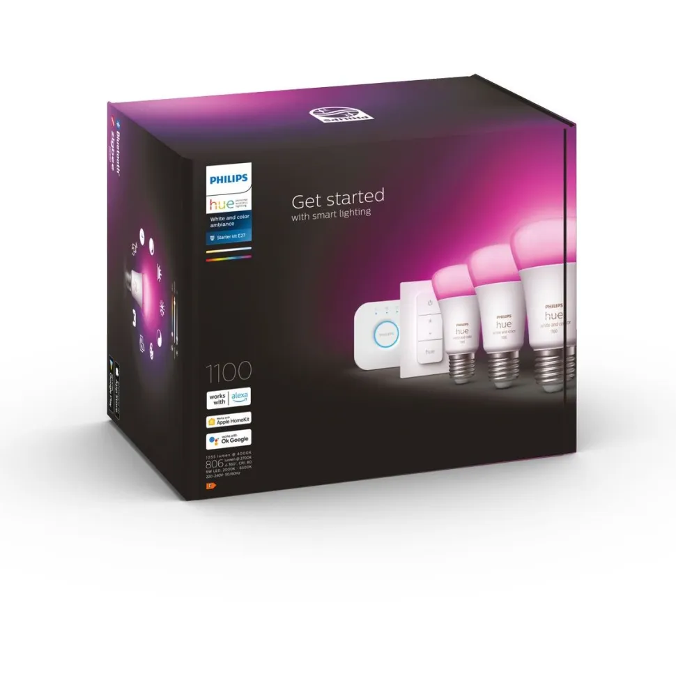 Aloituspakkaus Philips Hue WCA 3 x älylamppu (9W A60 E27) ja Hue-silta