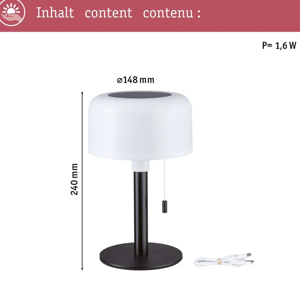 Aurinkokennopöytävalaisin Paulmann Bartja USB-ladattava IP44 2700K himmennettävä valkoinen