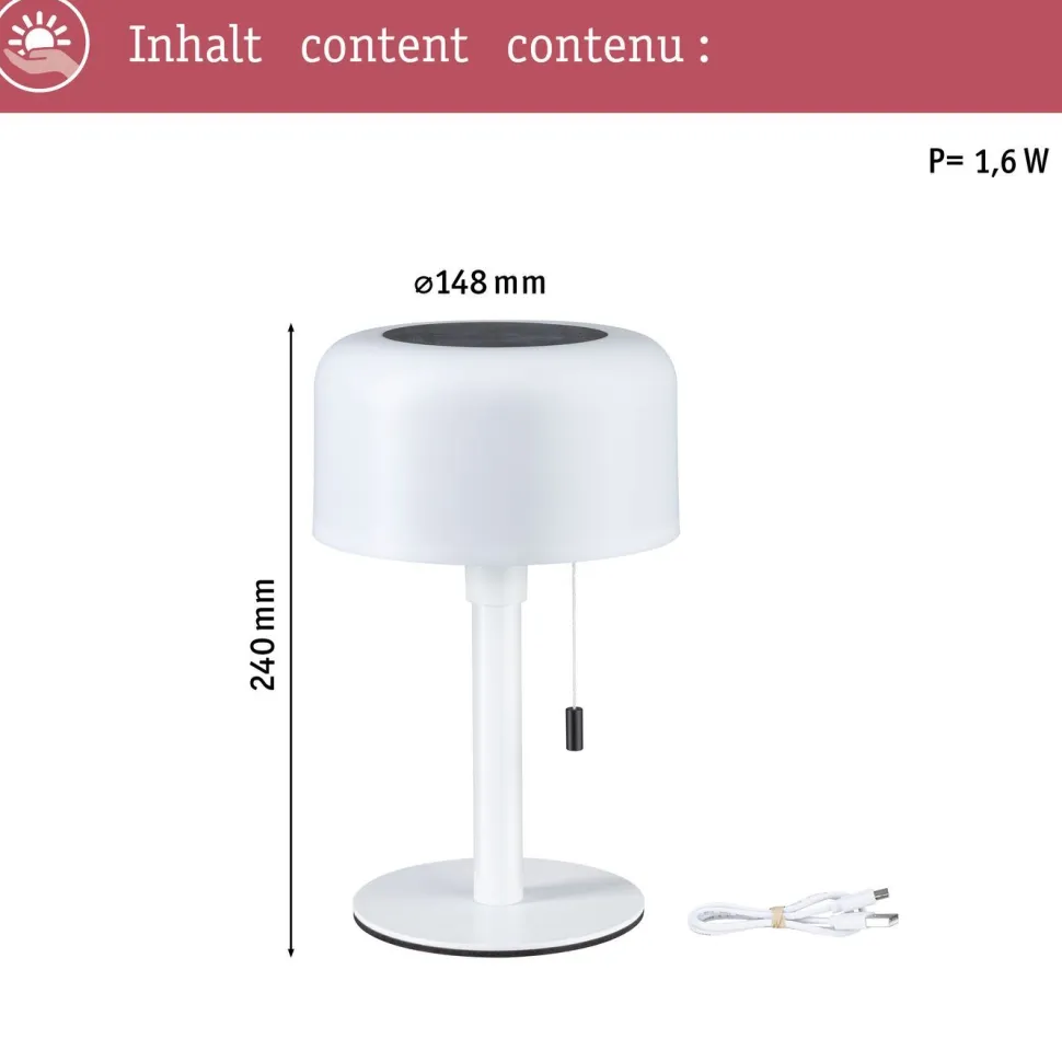 Aurinkokennopöytävalaisin Paulmann Bartja USB-ladattava IP44 2700K himmennettävä valkoinen