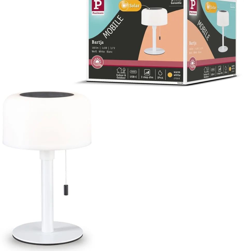 Aurinkokennopöytävalaisin Paulmann Bartja USB-ladattava IP44 2700K himmennettävä valkoinen