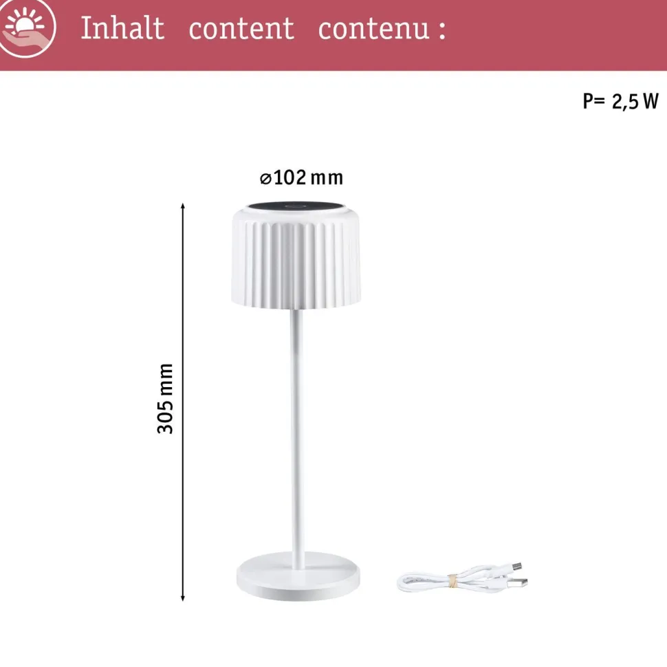 Aurinkokennopöytävalaisin Paulmann Solar Else USB-ladattava IP44 himmennettävä 2700K valkoinen