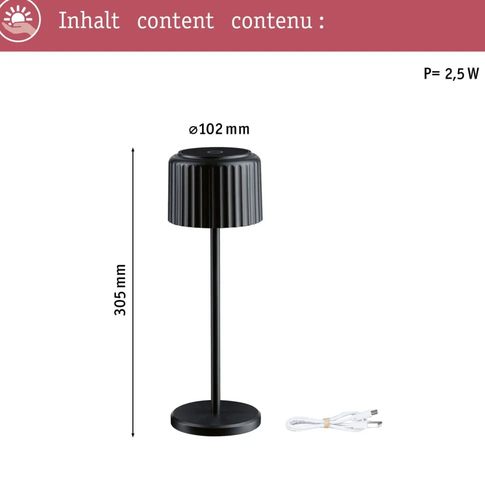 Aurinkokennopöytävalaisin Paulmann Solar Else USB-ladattava IP44 himmennettävä 2700K valkoinen
