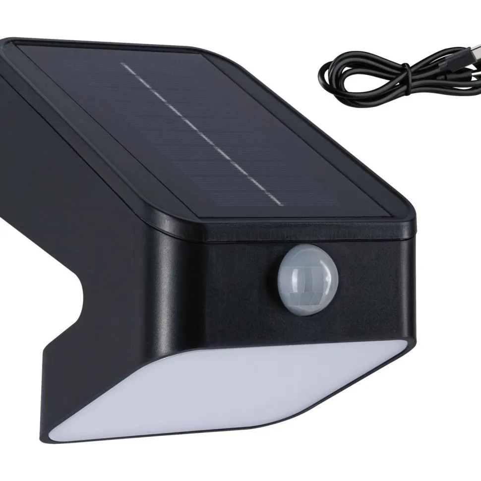 Aurinkokennoseinävalaisin Paulmann Lesly 113x126mm USB-ladattava hämäräohjattu liiketunnistin IR IP65 3000K 5.5W 400lm antrasiitti