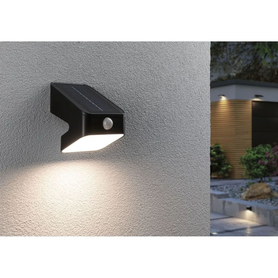 Aurinkokennoseinävalaisin Paulmann Lesly 113x126mm USB-ladattava hämäräohjattu liiketunnistin IR IP65 3000K 5.5W 400lm antrasiitti
