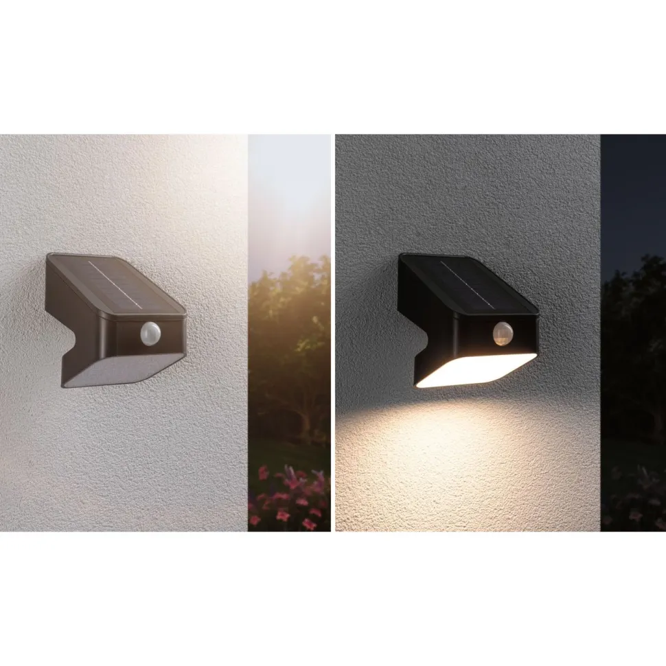 Aurinkokennoseinävalaisin Paulmann Lesly 113x126mm USB-ladattava hämäräohjattu liiketunnistin IR IP65 3000K 5.5W 400lm antrasiitti