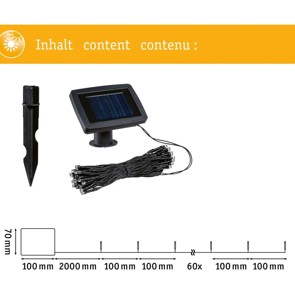 Aurinkokennovaloketju Paulmann Aurinka IP44 3000K 60 valoa 7.9m musta