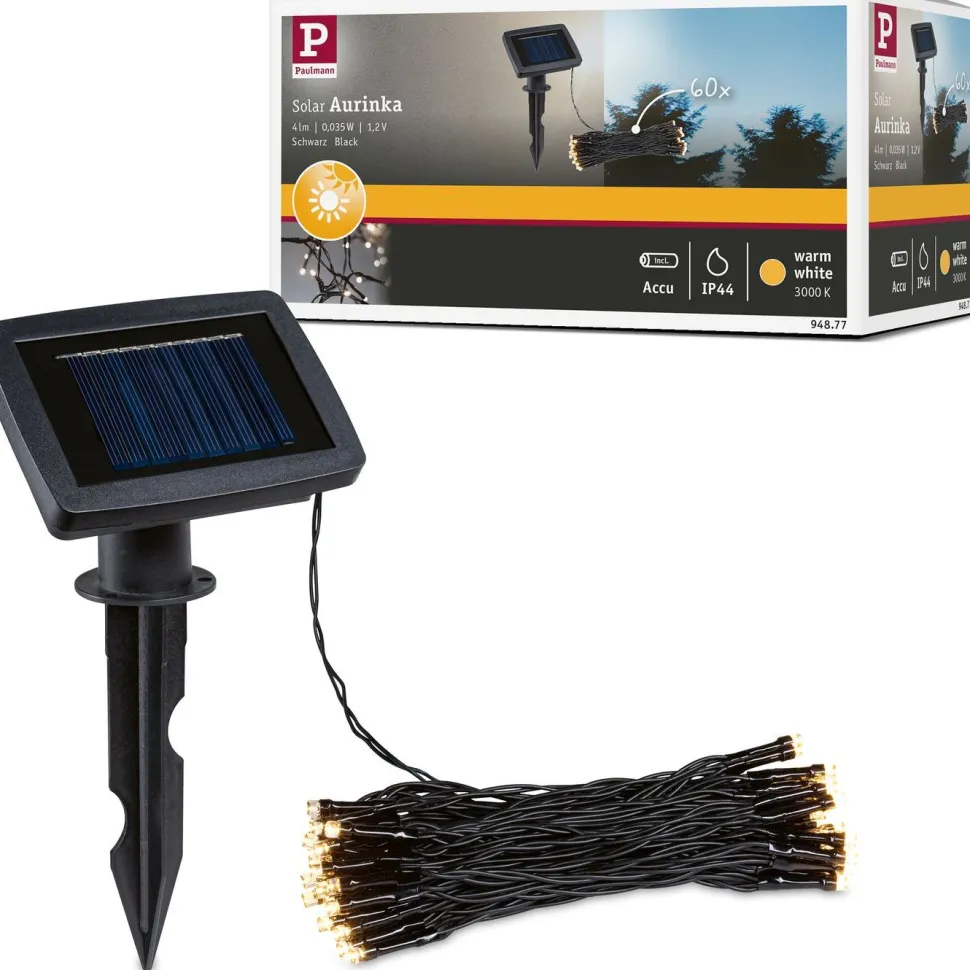 Aurinkokennovaloketju Paulmann Aurinka IP44 3000K 60 valoa 7.9m musta