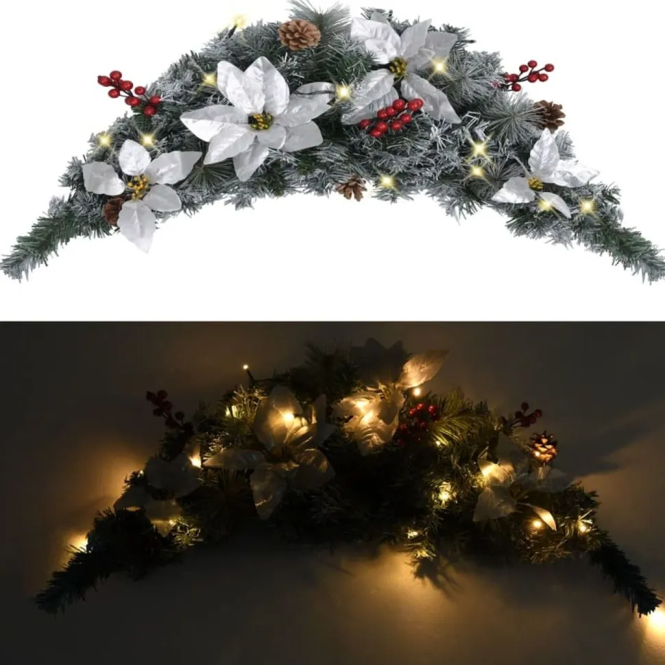 Joulukaari LED-valoilla, hopeisilla ja punaisilla koristeluilla, 90cm