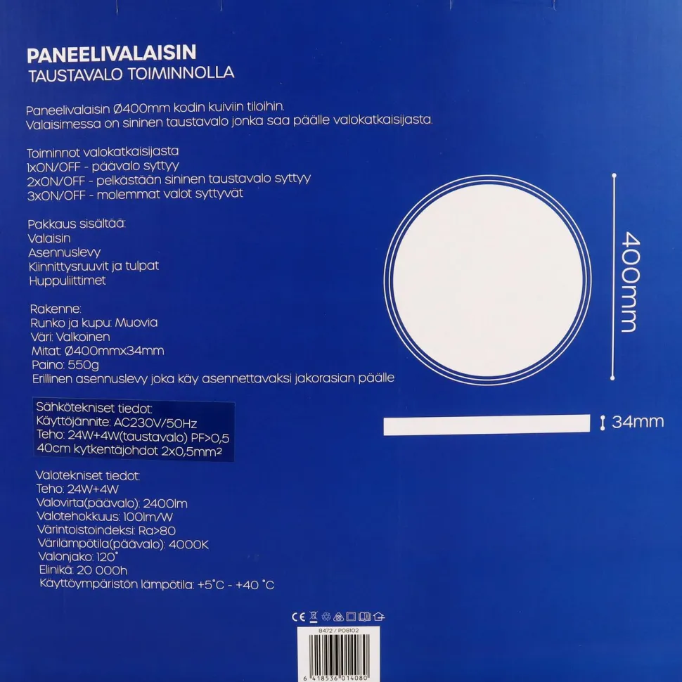 Kattovalaisin Led Energie, IP40, 28W, 2400lm, 4000K + sininen taustavalo, valkoinen, Ø400mm