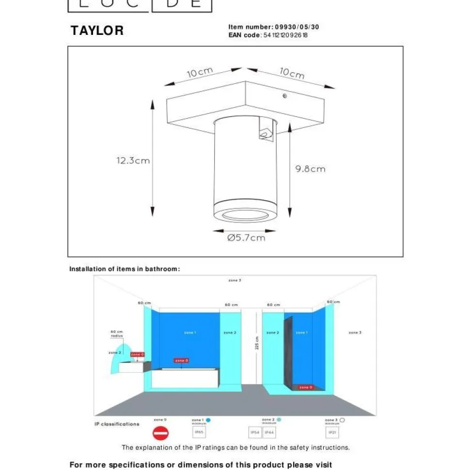 Kylpyhuoneen kattospottivalaisin Lucide Taylor, himmennettävä, 1xGU10 5W 2200K/3000K, IP44, musta