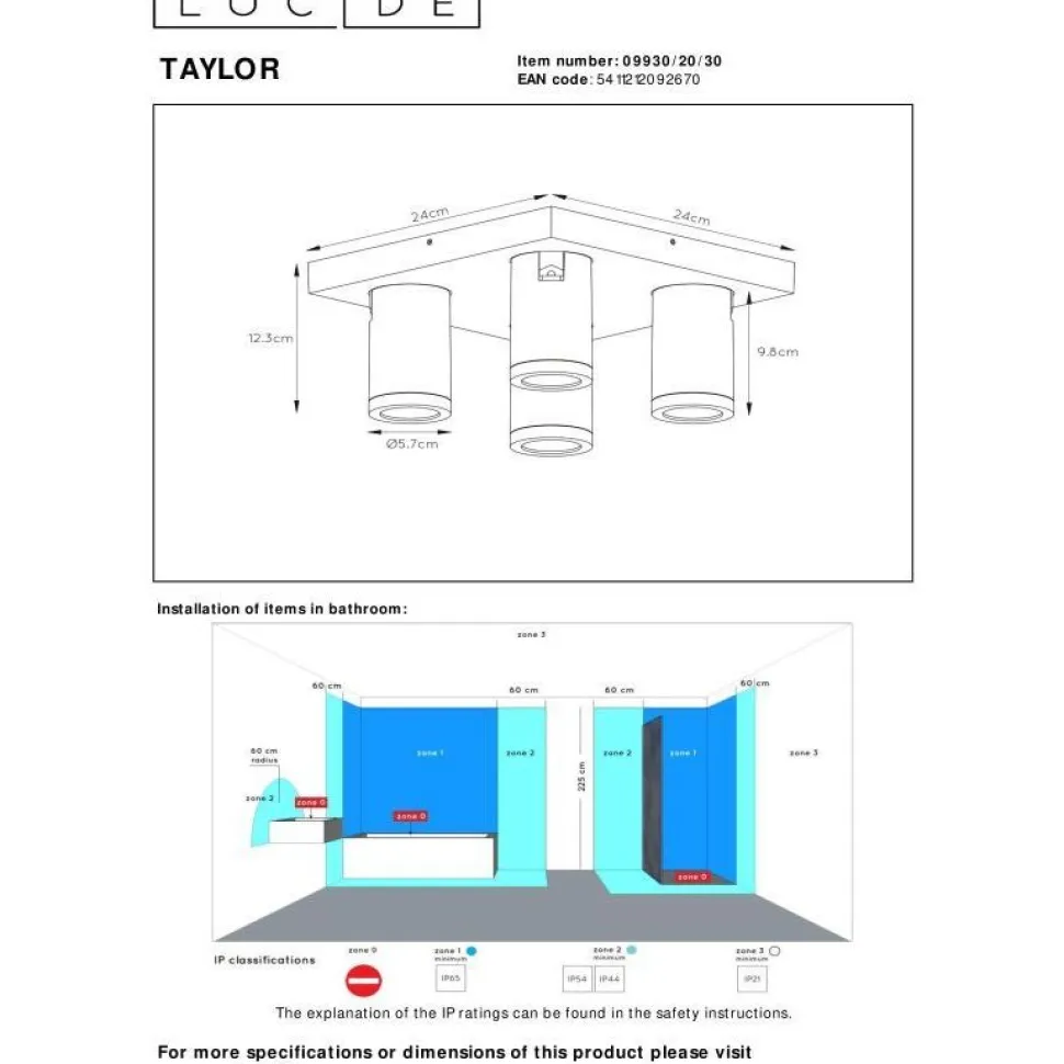 Kylpyhuoneen kattospottivalaisin Lucide Taylor, himmennettävä, 4xGU10 5W 2200K/3000K, IP44, valkoinen