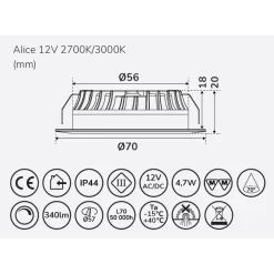 LED-alasvalo Llitt Alice 12 V 2700 K eri värejä