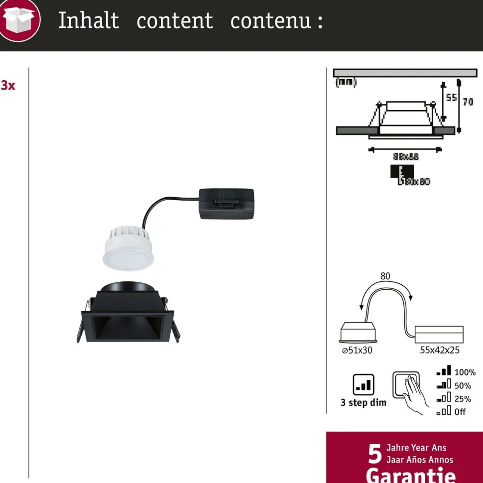 LED-alasvalo Paulmann Cole IP44 88x88mm 6W 470lm himmennettävä