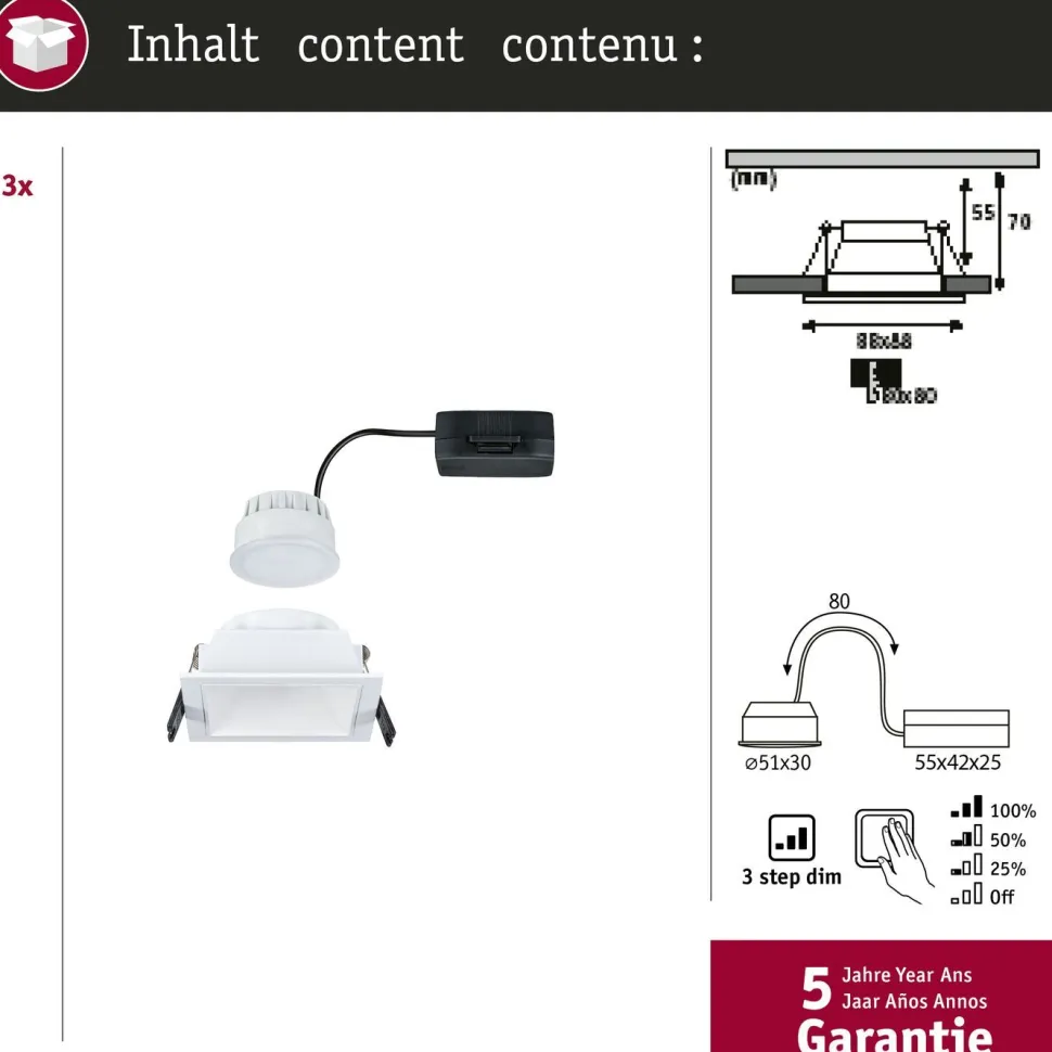 LED-alasvalo Paulmann Cole IP44 88x88mm 6W 470lm himmennettävä