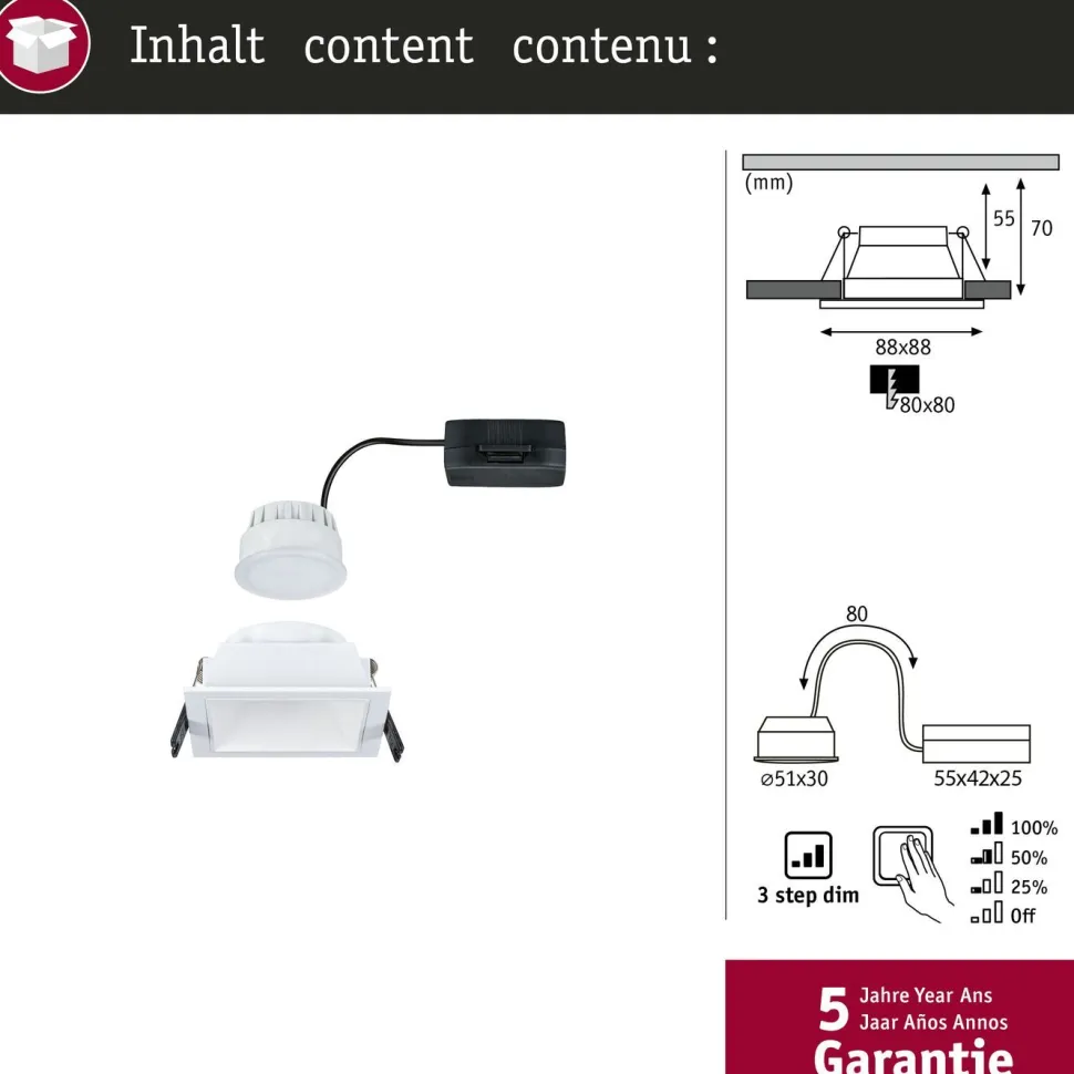 LED-alasvalo Paulmann Cole IP44 88x88mm 6W 470lm himmennettävä