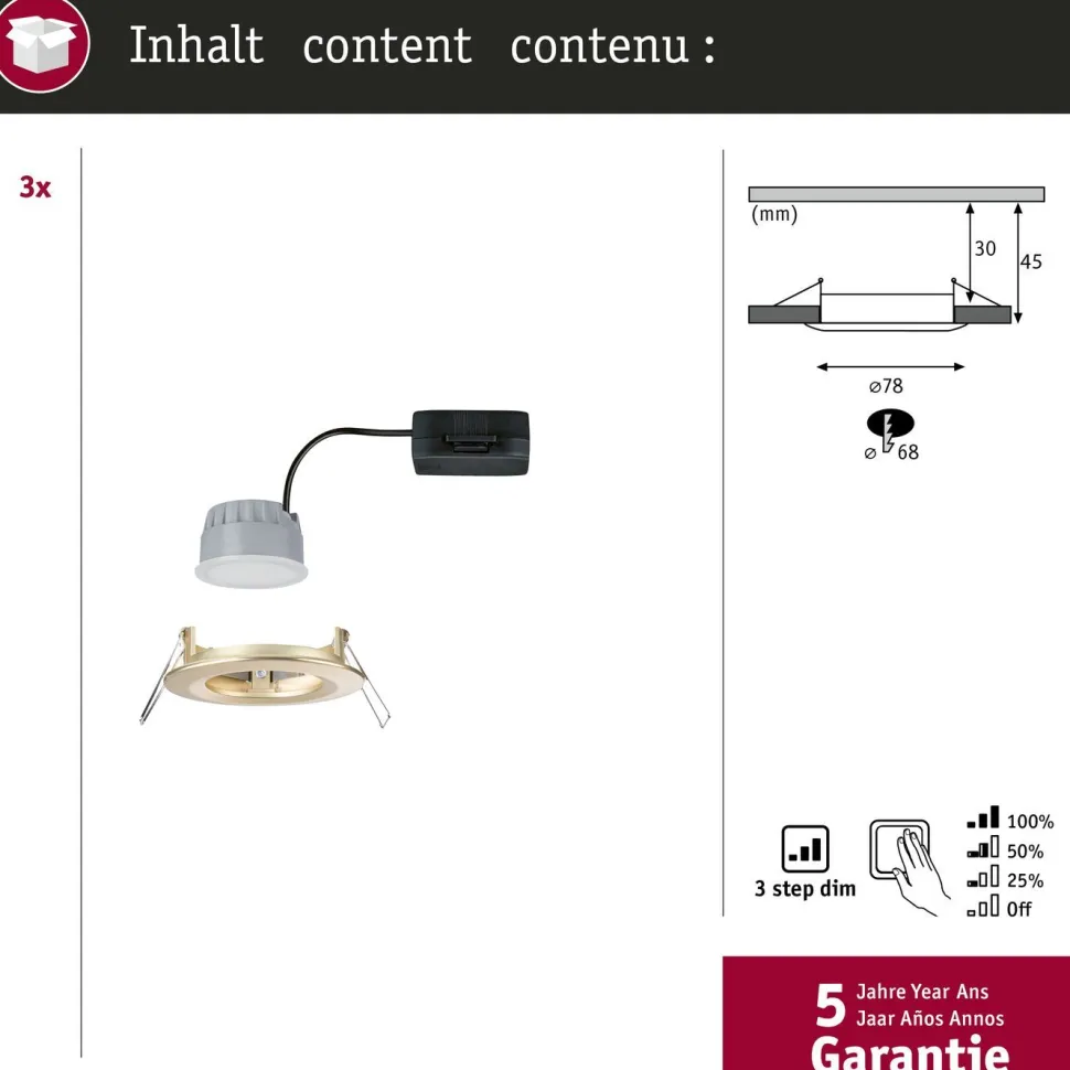 LED-alasvalo Paulmann 3-Step-Dim Nova Coin Basic IP44 Ø74mm 6W 470lm 2700K himmennettävä upotettava mattakulta 3kpl/pkt