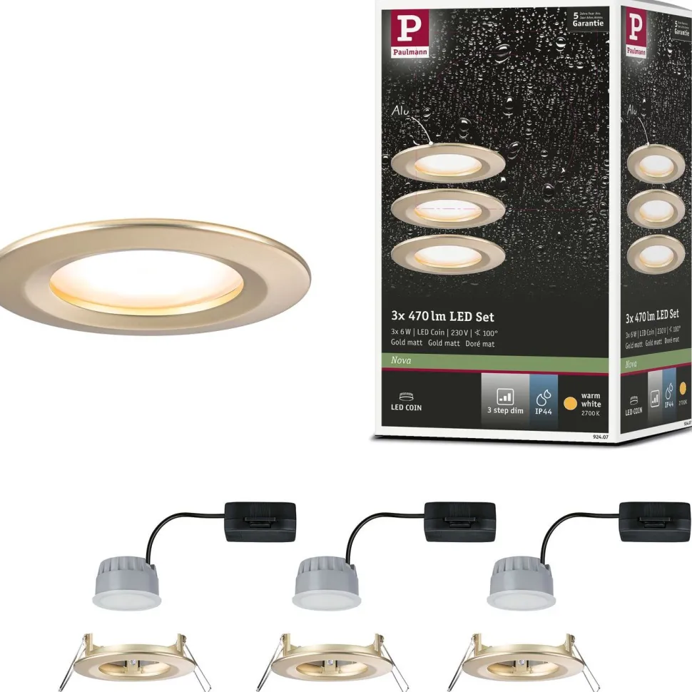 LED-alasvalo Paulmann 3-Step-Dim Nova Coin Basic IP44 Ø74mm 6W 470lm 2700K himmennettävä upotettava mattakulta 3kpl/pkt