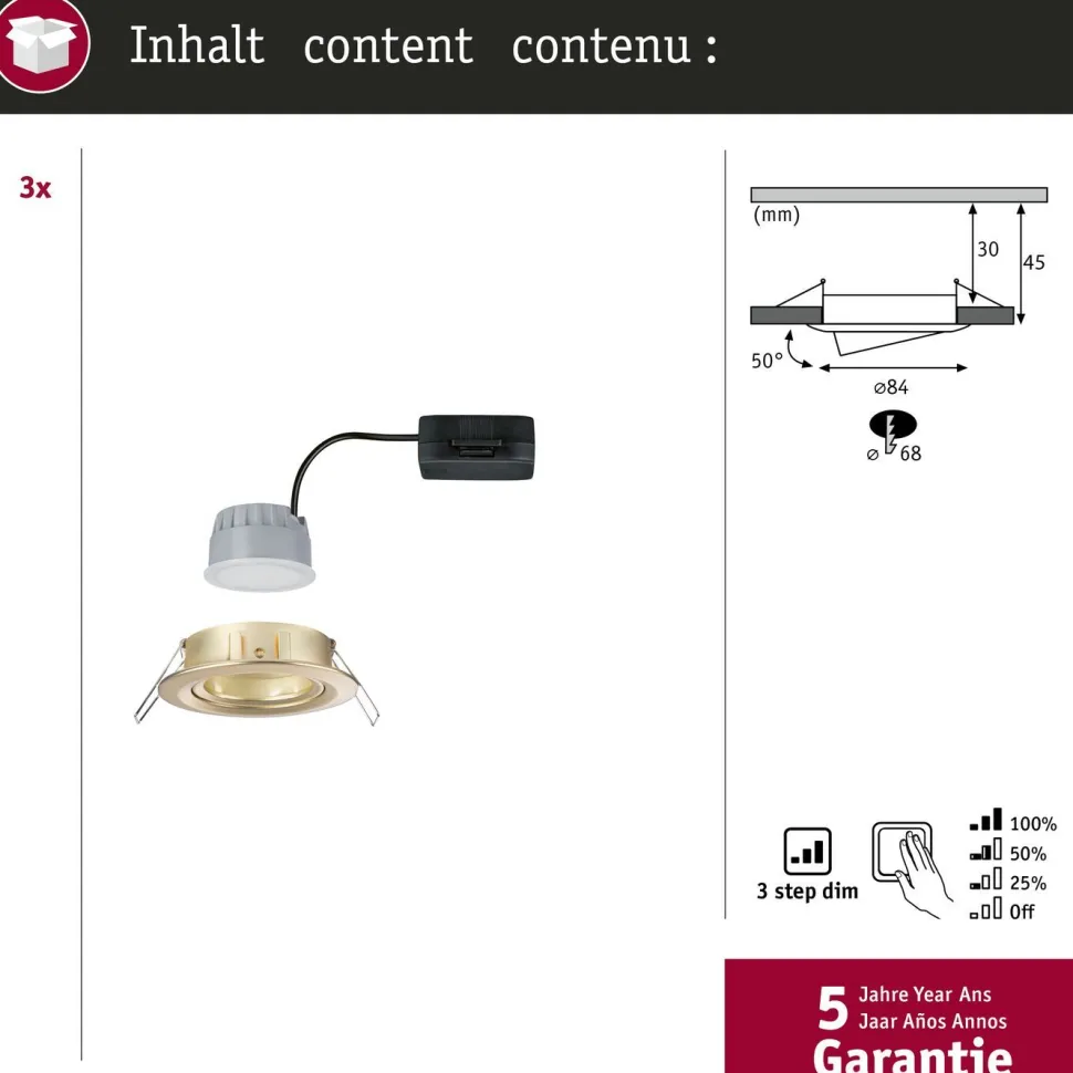 LED-alasvalo Paulmann 3-Step-Dim Nova Coin Basic Ø84mm 50° 6W 470lm 2700K himmennettävä upotettava mattakulta 3kpl/pkt