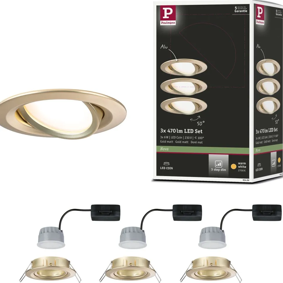 LED-alasvalo Paulmann 3-Step-Dim Nova Coin Basic Ø84mm 50° 6W 470lm 2700K himmennettävä upotettava mattakulta 3kpl/pkt