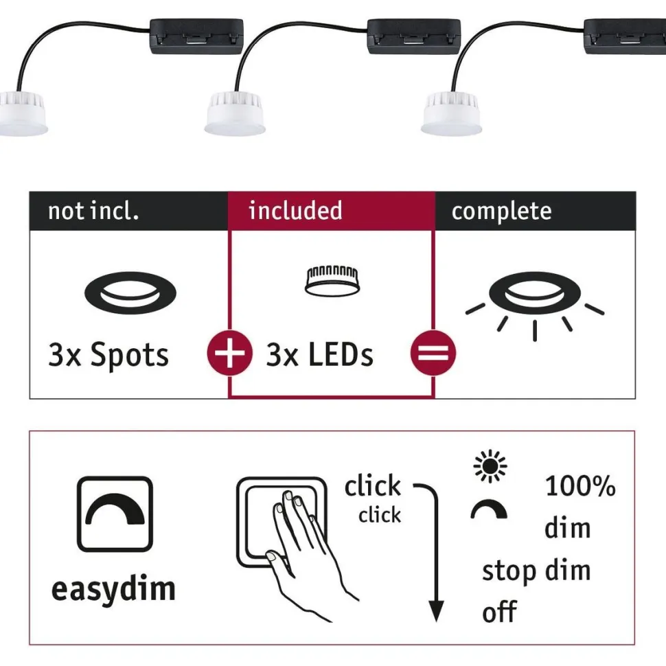 LED-Alasvalosetti Paulmann Coin 3-osainen himmennettävä 2700K valkoinen