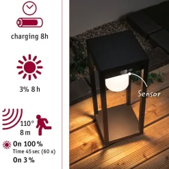 LED-aurinkokennovalaisin Paulmann Marisol, IP44, 3000K, liiketunnistin, musta