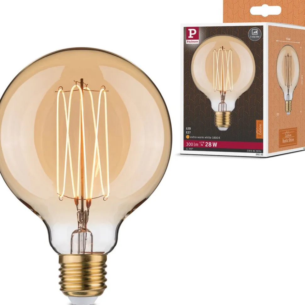 LED-filamenttilamppu Paulmann Rustic Shine Globe, I-muoto, 230V, 300lm, 4,2W, 1800K, himmennettä, kulta