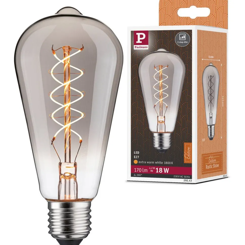 LED-filamenttilamppu Paulmann Rustic Shine Corn, S-muoto, 230V, 170lm, 4.2W, 1800K, himmennettä, savulasi