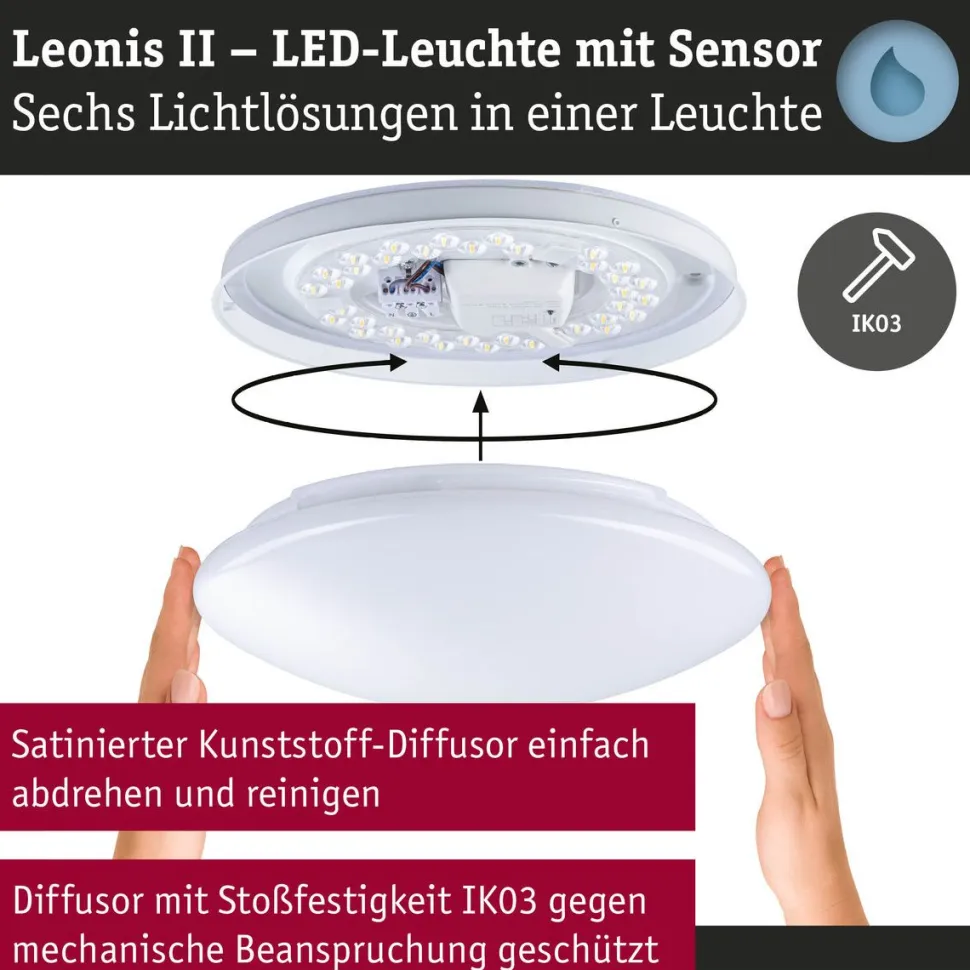 LED-kattovalaisin Paulmann Leonis II, Ø28cm, IP44, 3000-5700K, 1750lm, 230V, 16.5W, hämäräohjattu liiketunnistin (HF), himmennettävä, valkoinen