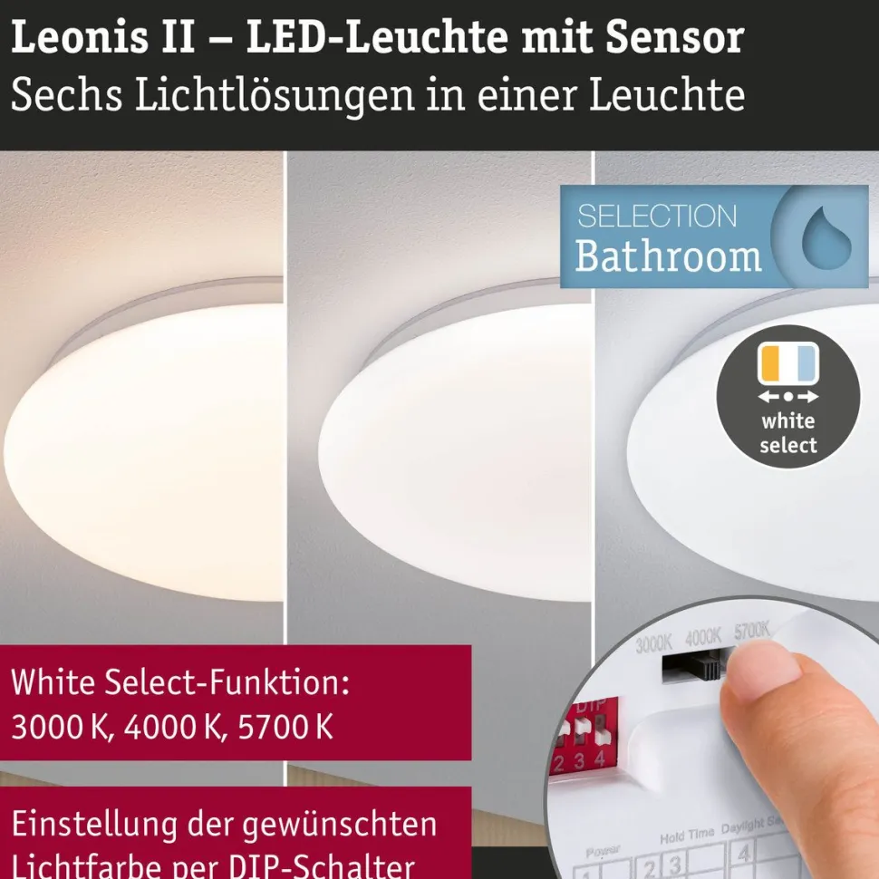 LED-kattovalaisin Paulmann Leonis II, Ø28cm, IP44, 3000-5700K, 1750lm, 230V, 16.5W, hämäräohjattu liiketunnistin (HF), himmennettävä, valkoinen