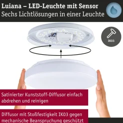 LED-kattovalaisin Paulmann Luiana, Ø28cm, IP44, 3000-5700K, 1750lm, 230V, 16.5W, hämäräohjattu liiketunnistin (HF), himmennettävä, valkoinen