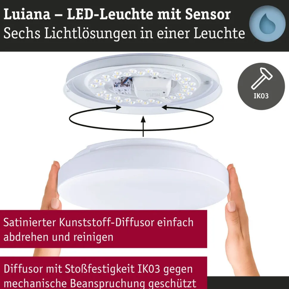 LED-kattovalaisin Paulmann Luiana, Ø28cm, IP44, 3000-5700K, 1750lm, 230V, 16.5W, hämäräohjattu liiketunnistin (HF), himmennettävä, valkoinen