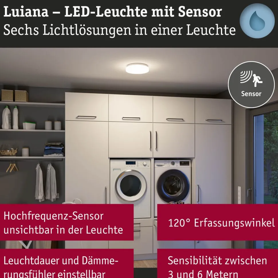 LED-kattovalaisin Paulmann Luiana, Ø28cm, IP44, 3000-5700K, 1750lm, 230V, 16.5W, hämäräohjattu liiketunnistin (HF), himmennettävä, valkoinen
