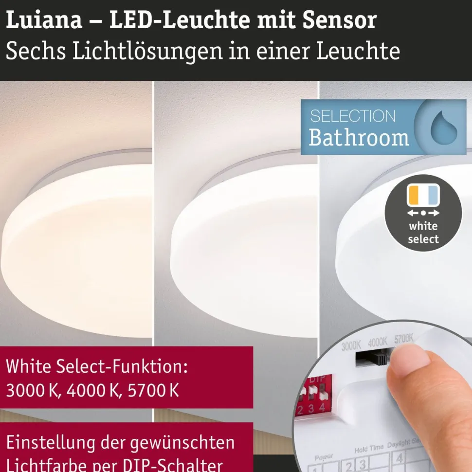 LED-kattovalaisin Paulmann Luiana, Ø28cm, IP44, 3000-5700K, 1750lm, 230V, 16.5W, hämäräohjattu liiketunnistin (HF), himmennettävä, valkoinen