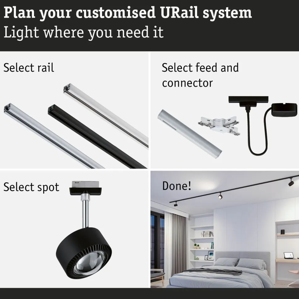 LED-kiskospotti Paulmann URail Smart Home Zigbee 3.0 Aldan 500lm 8W mattakromi