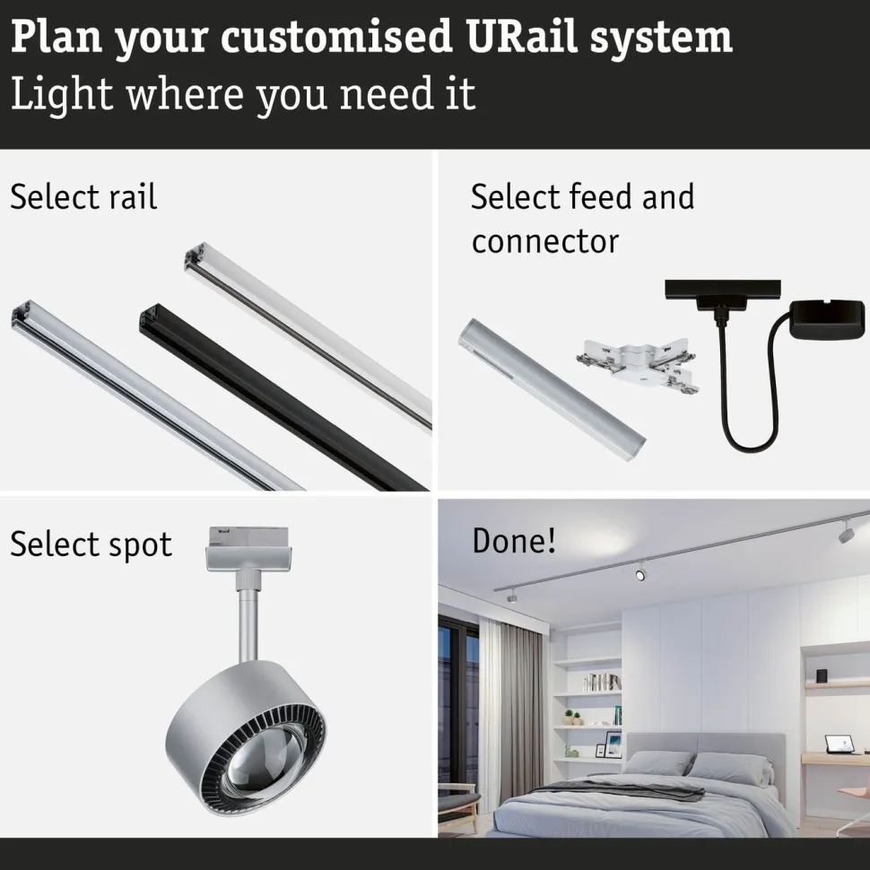 LED-kiskospotti Paulmann URail Smart Home Zigbee 3.0 Aldan 500lm 8W mattakromi
