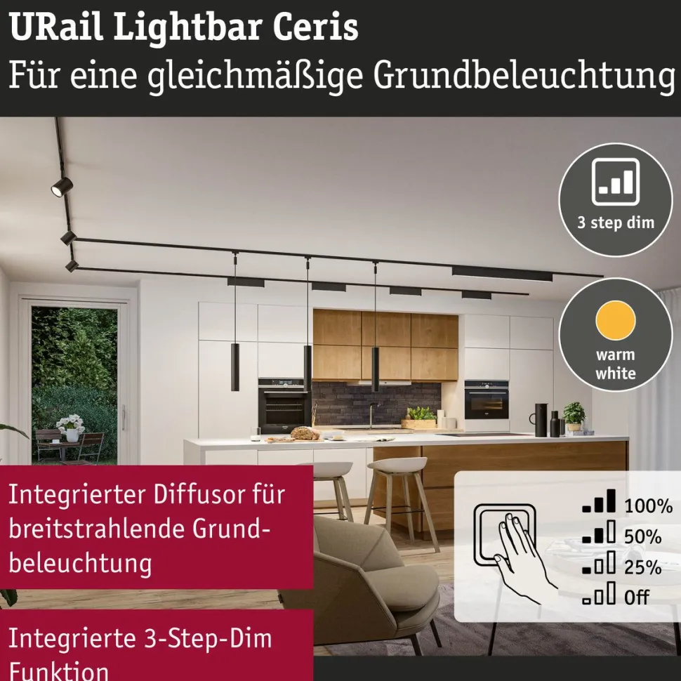 LED-kiskovalaisin Paulmann URail 3-Step-Dim Ceris, 37.2cm, 850lm, 9.5W, 4000K, himmennettävä, 230V, mattamusta