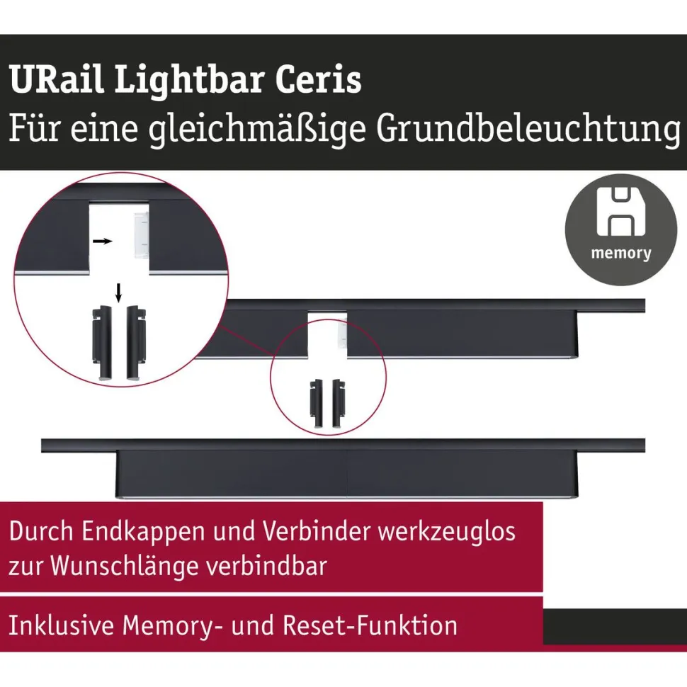 LED-kiskovalaisin Paulmann URail 3-Step-Dim Ceris, 37.2cm, 850lm, 9.5W, 4000K, himmennettävä, 230V, mattamusta