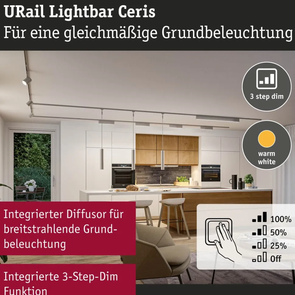 LED-kiskovalaisin Paulmann URail 3-Step-Dim Ceris, 37.2cm, 850lm, 9.5W, 4000K, himmennettävä, 230V, mattamusta