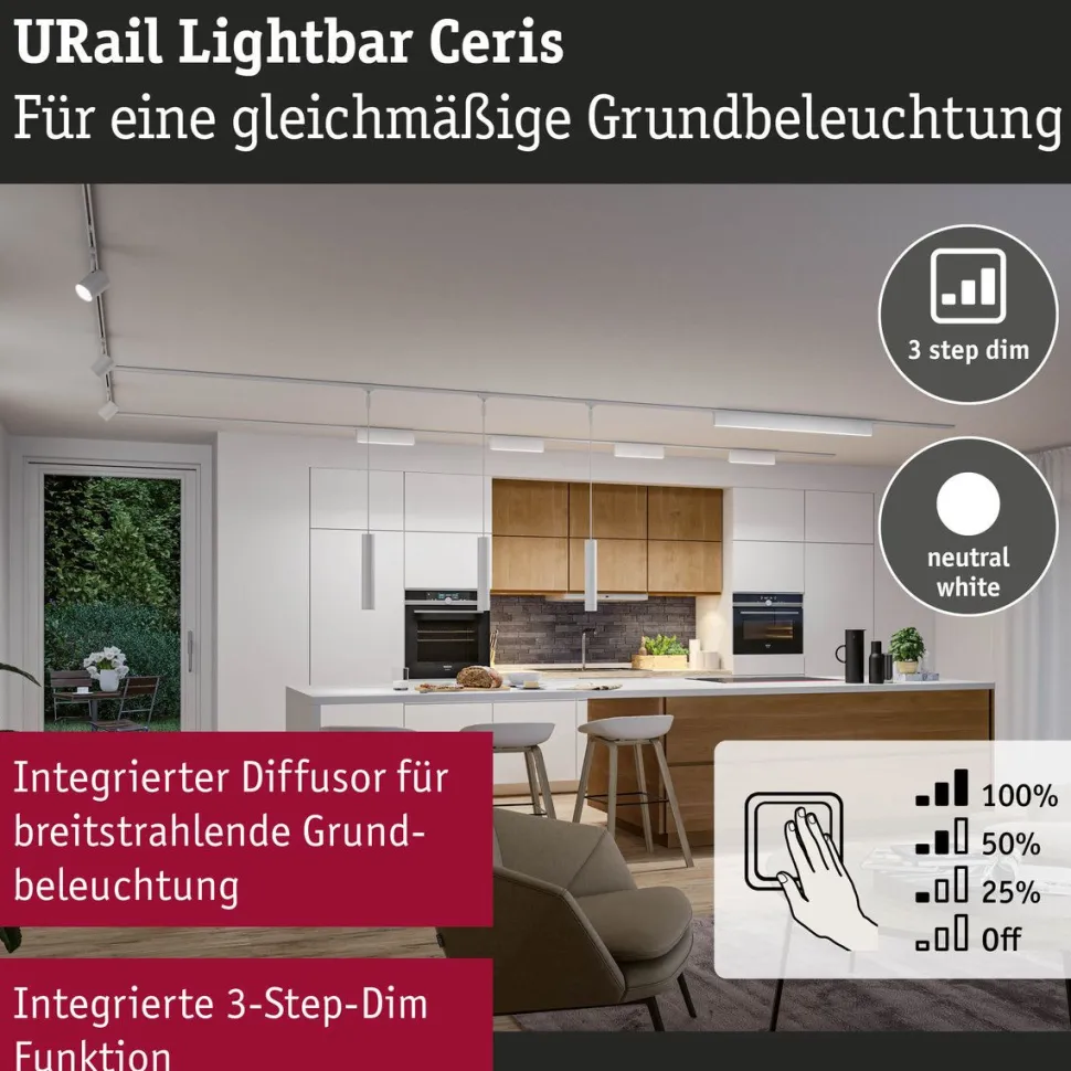LED-kiskovalaisin Paulmann URail 3-Step-Dim Ceris, 37.2cm, 850lm, 9.5W, 4000K, himmennettävä, 230V, mattamusta