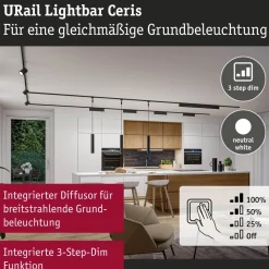 LED-kiskovalaisin Paulmann URail 3-Step-Dim Ceris, 37.2cm, 850lm, 9.5W, 4000K, himmennettävä, 230V, mattamusta