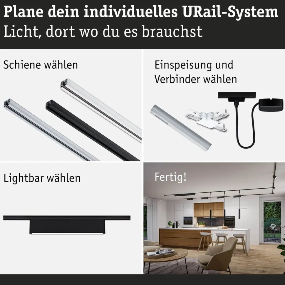 LED-kiskovalaisin Paulmann URail 3-Step-Dim Ceris, 37.2cm, 850lm, 9.5W, 4000K, himmennettävä, 230V, mattamusta