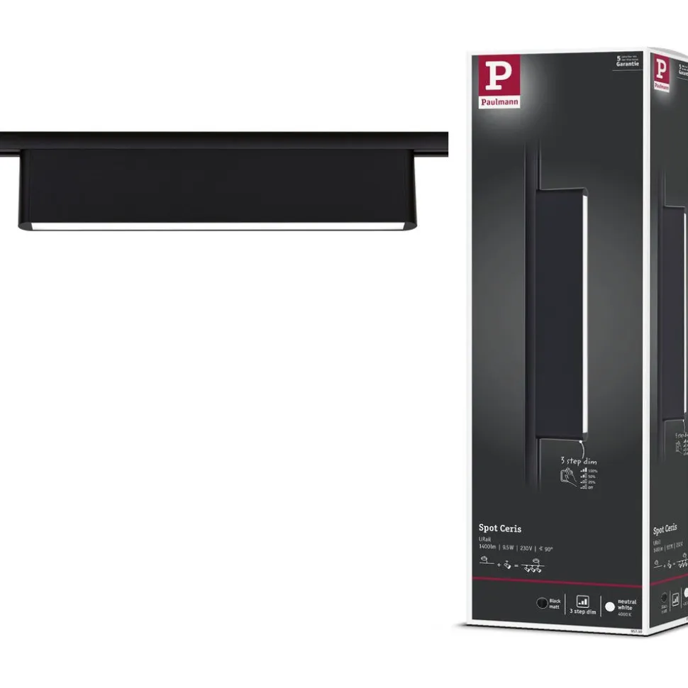 LED-kiskovalaisin Paulmann URail 3-Step-Dim Ceris, 37.2cm, 850lm, 9.5W, 4000K, himmennettävä, 230V, mattamusta