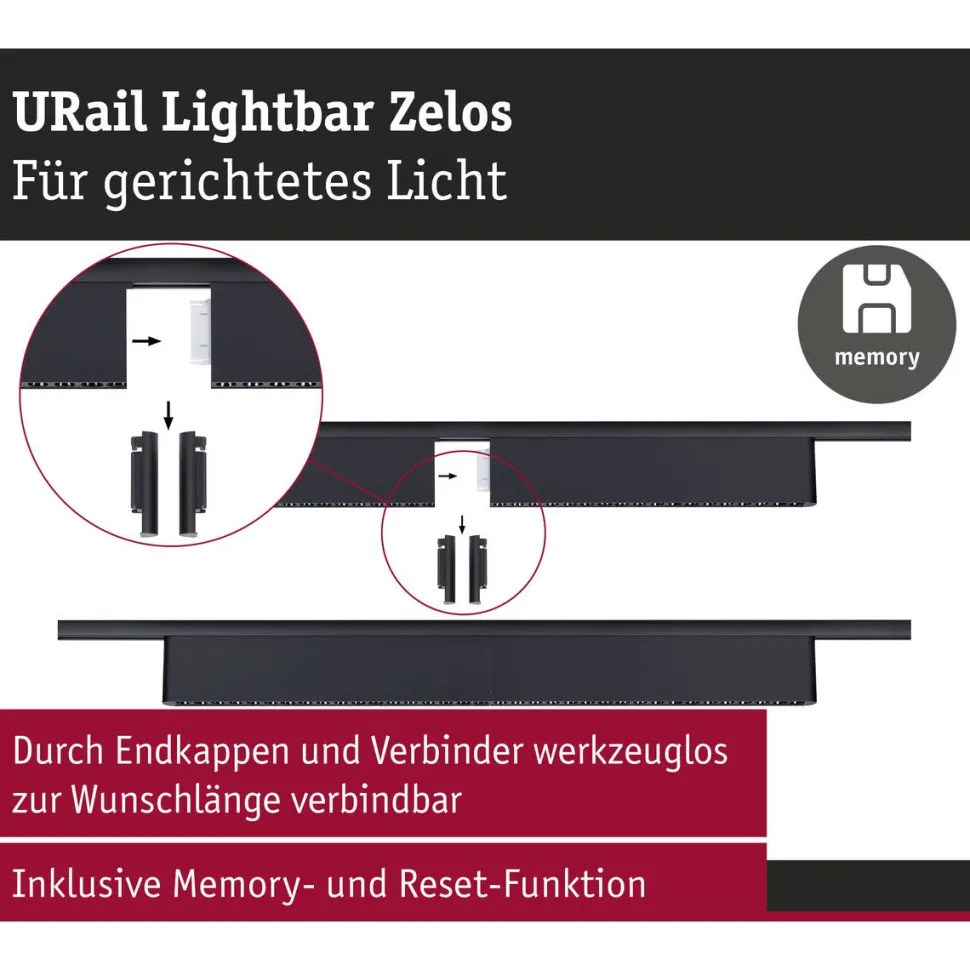 LED-kiskovalaisin Paulmann URail 3-Step-Dim Zelos, 37.2cm, 1050lm, 10W, 3000K, himmennettävä, 230V, mattakromi