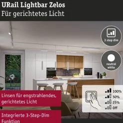 LED-kiskovalaisin Paulmann URail 3-Step-Dim Zelos, 37.2cm, 1050lm, 10W, 3000K, himmennettävä, 230V, mattakromi