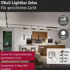 LED-kiskovalaisin Paulmann URail 3-Step-Dim Zelos, 37.2cm, 1050lm, 10W, 3000K, himmennettävä, 230V, mattakromi