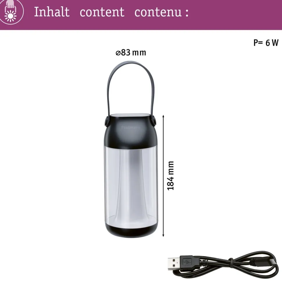 LED-lyhty Pulmann Cupulino, IP44, 3000K, USB-ladattava, himmennettävä