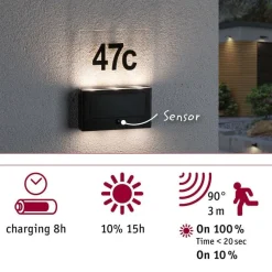LED-numerovalaisin aurinkokennolla Paulmann Neda, IP44, 3000K, hämärätunnistin, antrasiitti