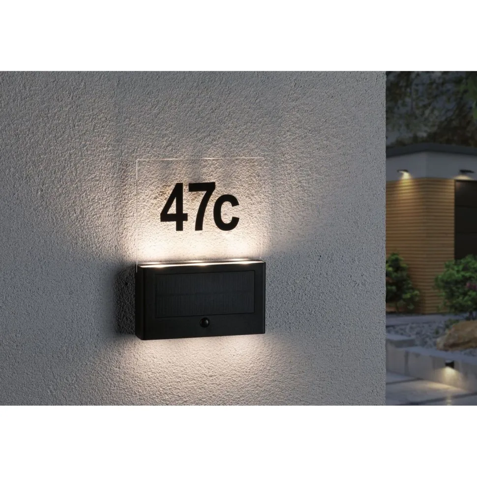 LED-numerovalaisin aurinkokennolla Paulmann Neda, IP44, 3000K, hämärätunnistin, antrasiitti